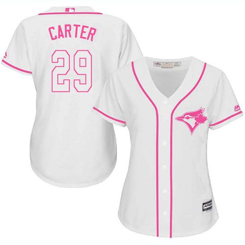 Blue Jays #29 Joe Carter White/Pink Fashion Women's Stitched MLB Jersey - Click Image to Close